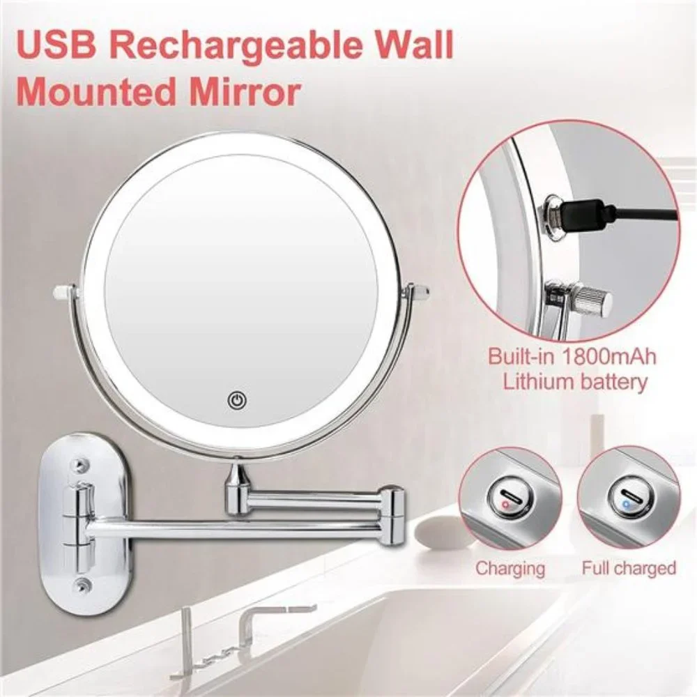 Rechargeable Wall Mounted Lighted Makeup Vanity Mirror 8 Inch Double Sided
